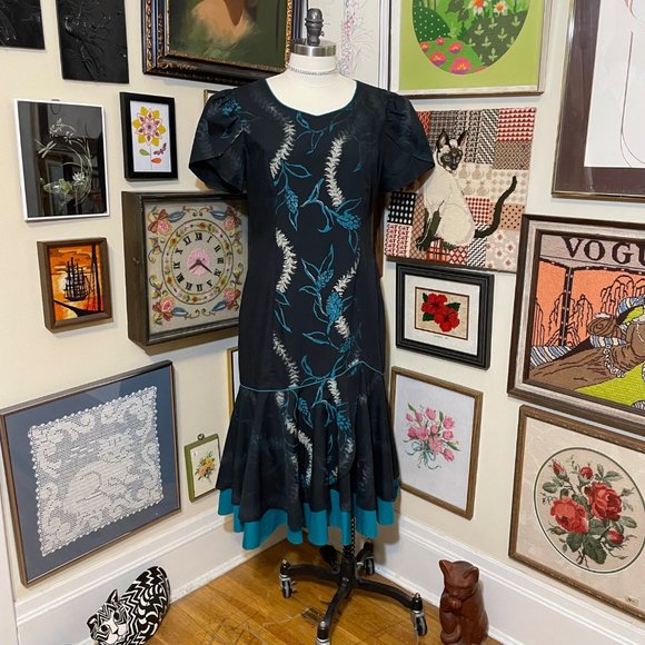 80s Vintage Tori Richard Special Edition Black Ginger Print Ruffle Hem MuuMuu LG - Picture 1 of 8